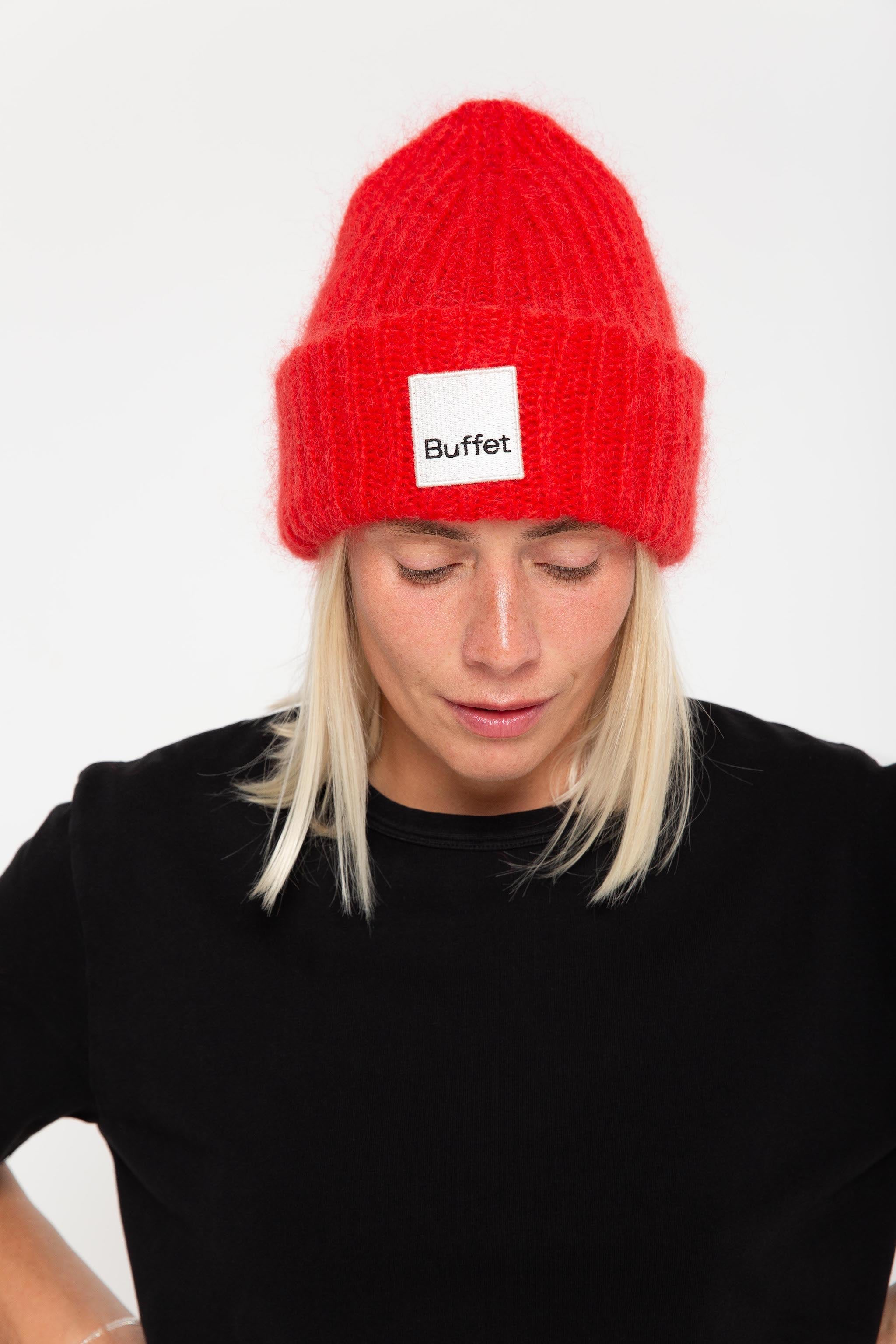 Red chunky mohair beanie