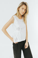 White snake print gathered silk tank top