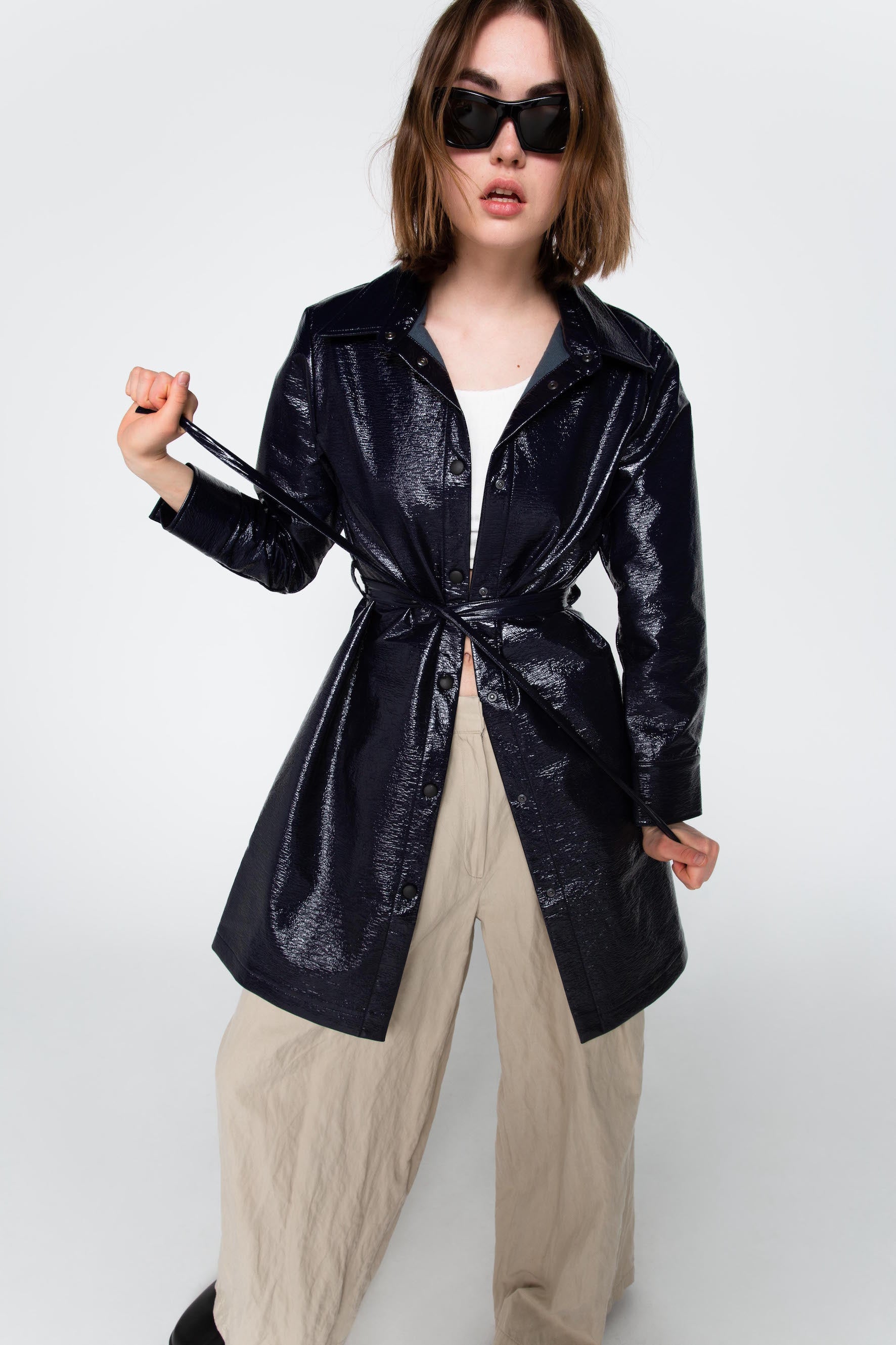 Indigo patent shirt dress coat