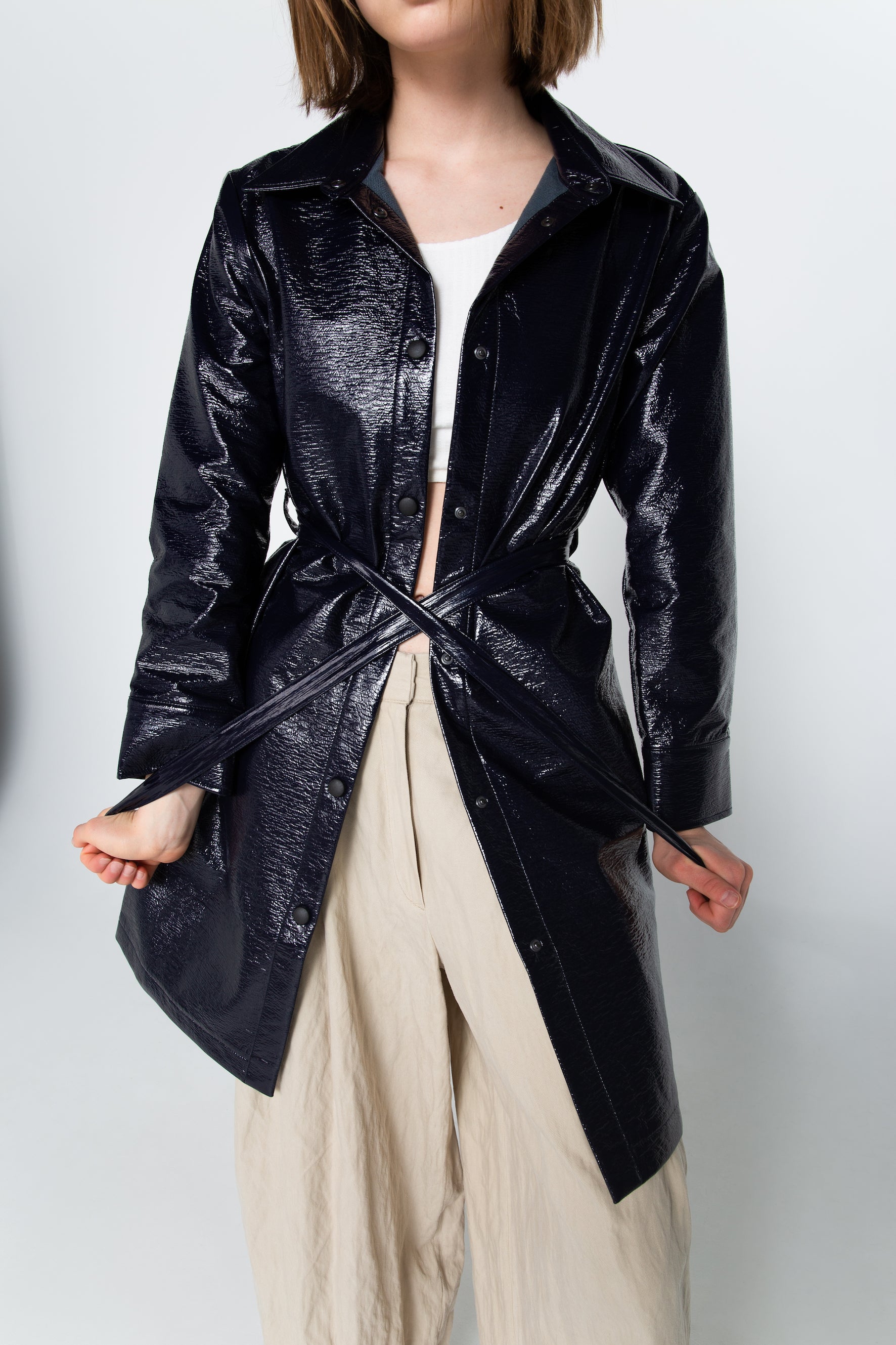 Indigo patent shirt dress coat
