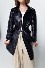 Indigo patent shirt dress coat